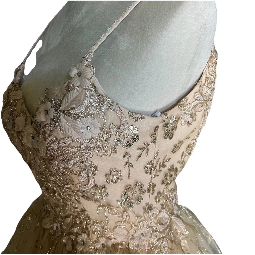 DANCING QUEEN Gold Beige Floral Glitter Tinker Bell Fairy Princess Tulle Dress - Picture 2 of 7